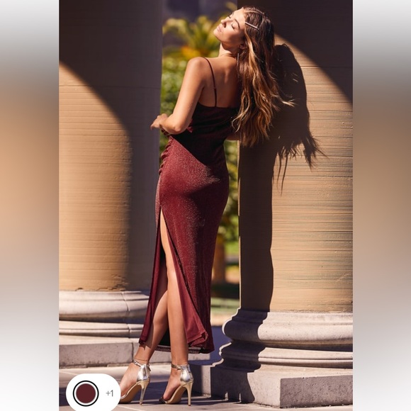 NWT Lulus Next Please Gold and Burgundy Cowl Neck Bodycon Dress - Picture 4 of 15